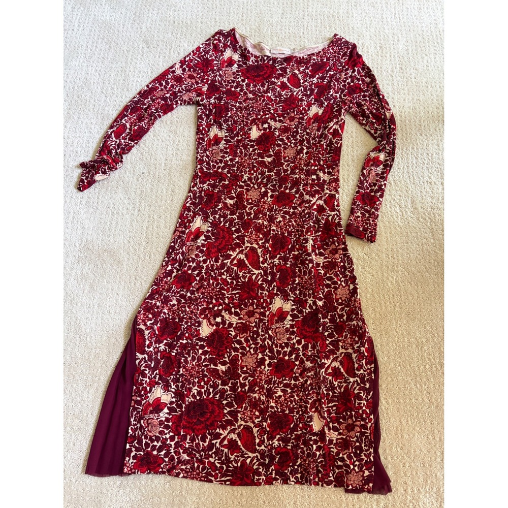 Tory Burch Red Floral Long Sleeve Midi Dress Pleated Side Panel Womens S